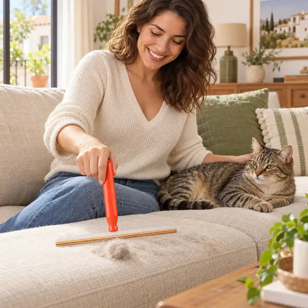 Quitando pelo de gato del sofá con el rastrillo