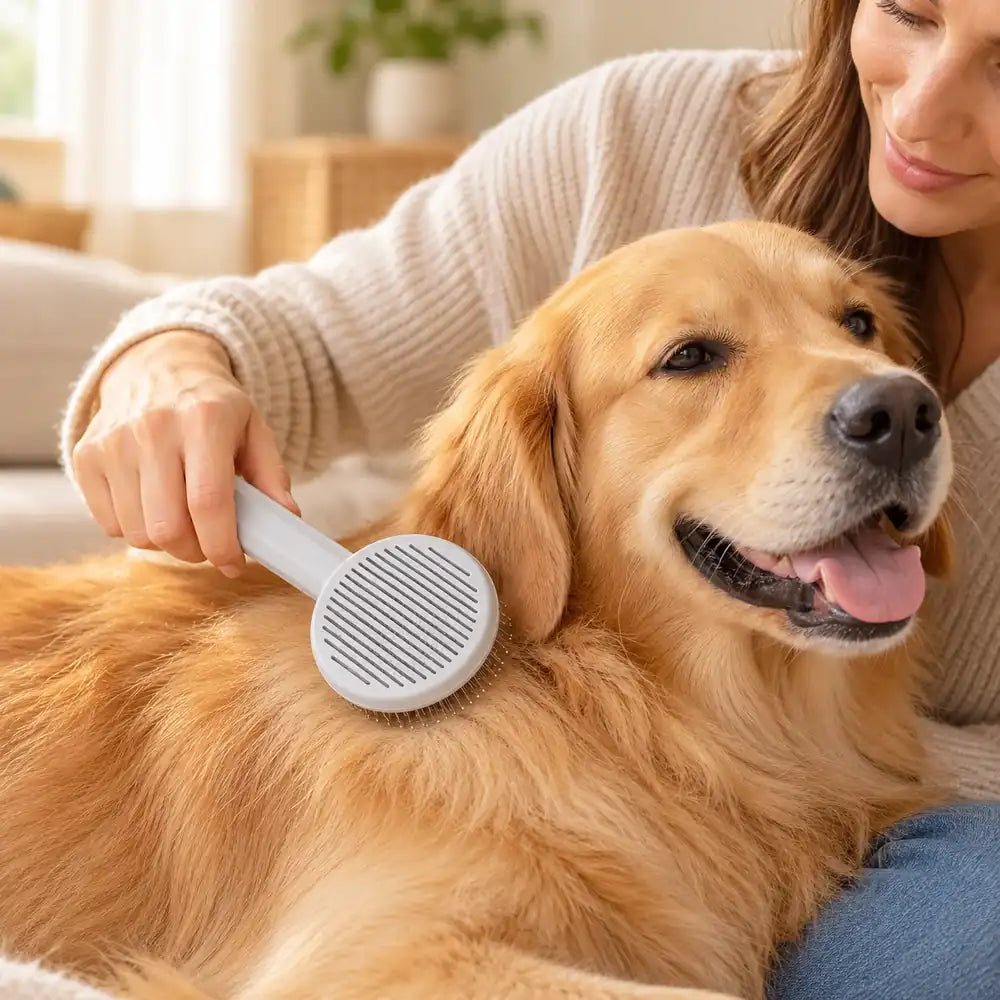 Cepillo Quitapelos Autolimpiable para Perros y Gatos en uso