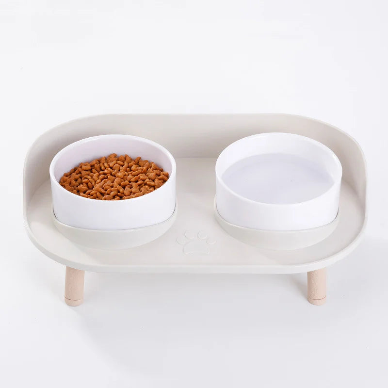 Comedero Elevado e Inclinado para Gatos – Blanco / Beige
