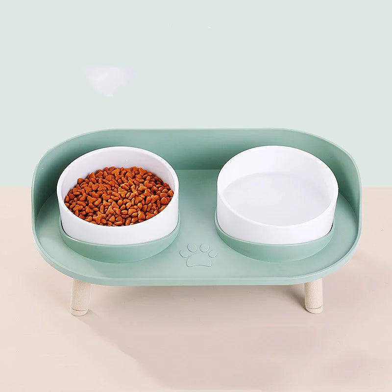 Comedero Elevado e Inclinado para Gatos – Blanco / Verde