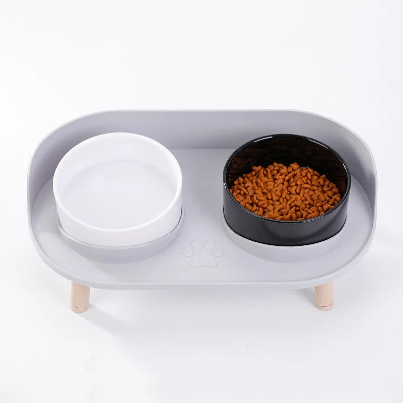 Comedero Elevado e Inclinado para Gatos – Blanco y negro / Beige
