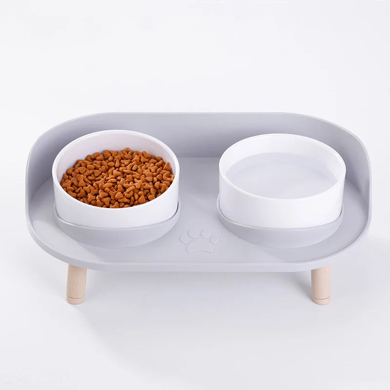 Comedero Elevado e Inclinado para Gatos – Blanco / Gris claro