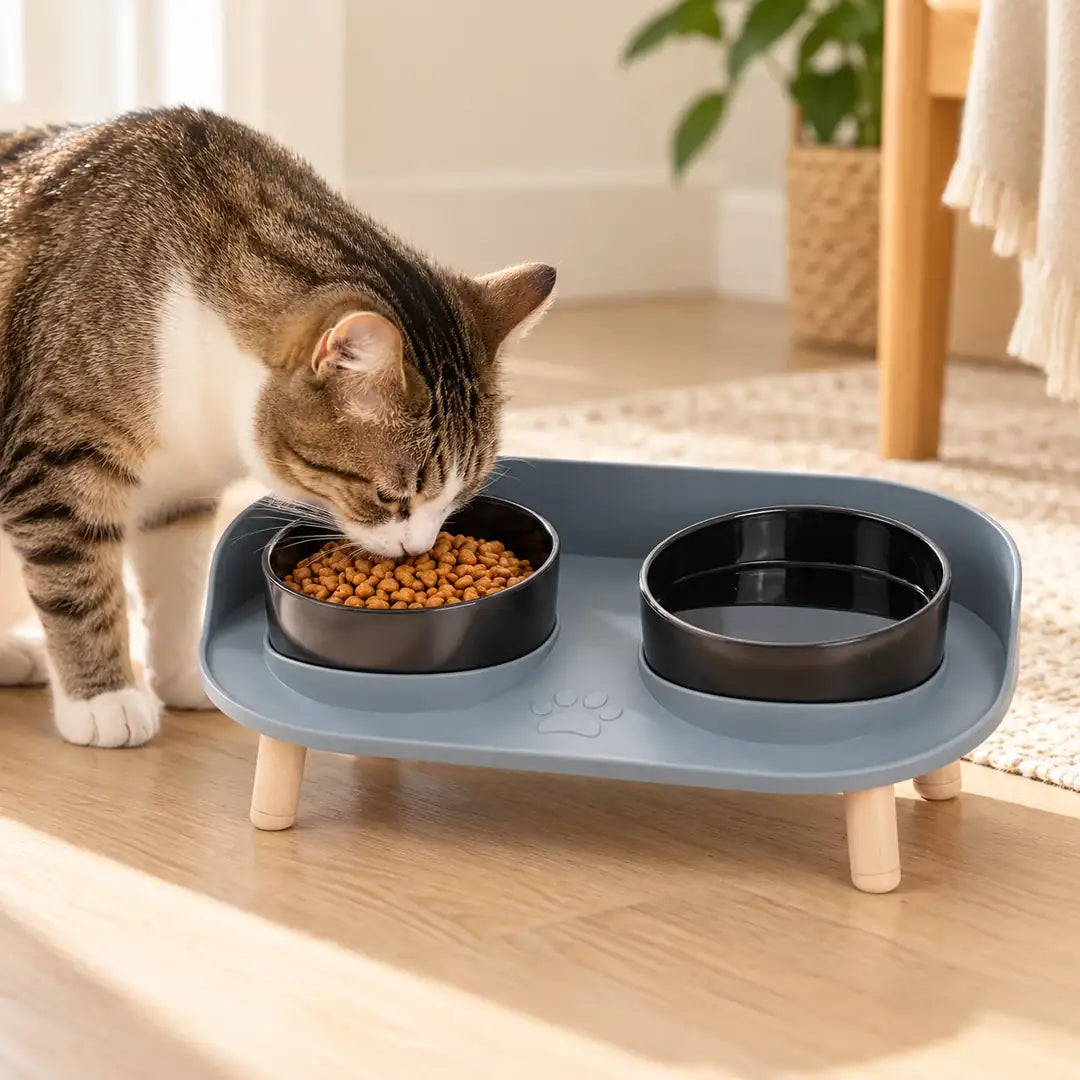 Comedero Elevado e Inclinado para Gatos en uso