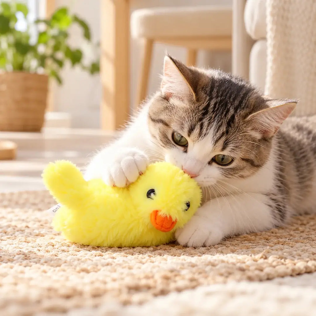 Pato Interactivo que Vibra y Suena para Gatos en uso