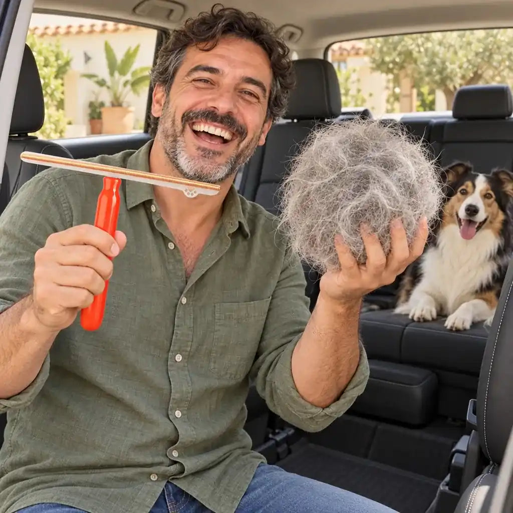 Bola enorme de pelo de perro sacada del coche con el rastrillo