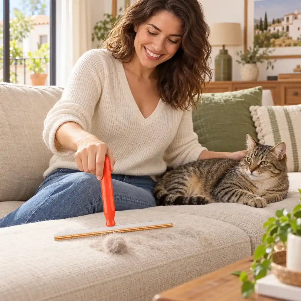 Quitando pelo de gato del sofá con el rastrillo